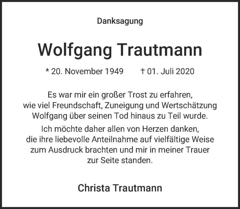  Traueranzeige für Wolfgang Trautmann vom 22.08.2020 aus  Blickpunkt Euskirchen 