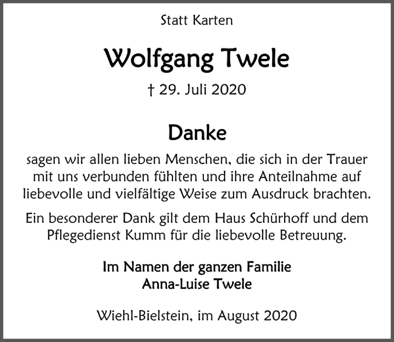  Traueranzeige für Wolfgang Twele vom 28.08.2020 aus  Anzeigen Echo 
