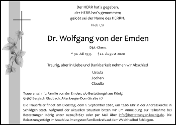 Anzeige von Wolfgang von der Emden von Kölner Stadt-Anzeiger / Kölnische Rundschau / Express
