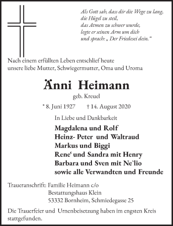 Anzeige von Änni Heimann von  Schaufenster/Blickpunkt 