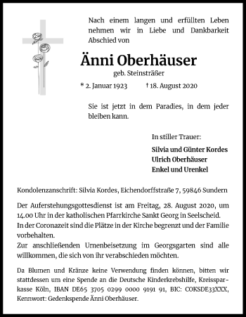 Anzeige von Änni Oberhäuser von Kölner Stadt-Anzeiger / Kölnische Rundschau / Express