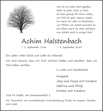 Anzeige von Achim Halstenbach von  Anzeigen Echo 