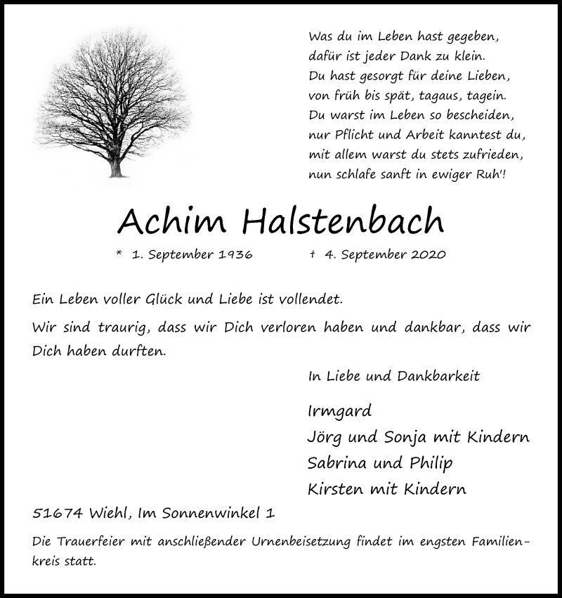  Traueranzeige für Achim Halstenbach vom 12.09.2020 aus Kölner Stadt-Anzeiger / Kölnische Rundschau / Express