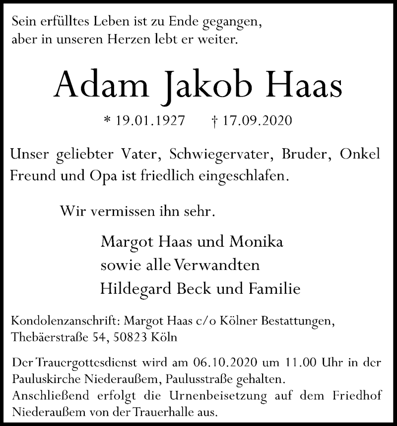 Traueranzeige für Adam Jakob Haas vom 26.09.2020 aus Kölner Stadt-Anzeiger / Kölnische Rundschau / Express