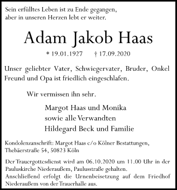 Anzeige von Adam Jakob Haas von Kölner Stadt-Anzeiger / Kölnische Rundschau / Express