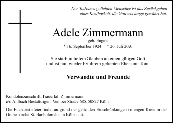 Anzeige von Adele Zimmermann von Kölner Stadt-Anzeiger / Kölnische Rundschau / Express