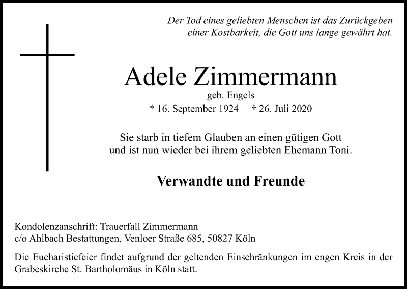 Traueranzeige für Adele Zimmermann vom 05.09.2020 aus Kölner Stadt-Anzeiger / Kölnische Rundschau / Express