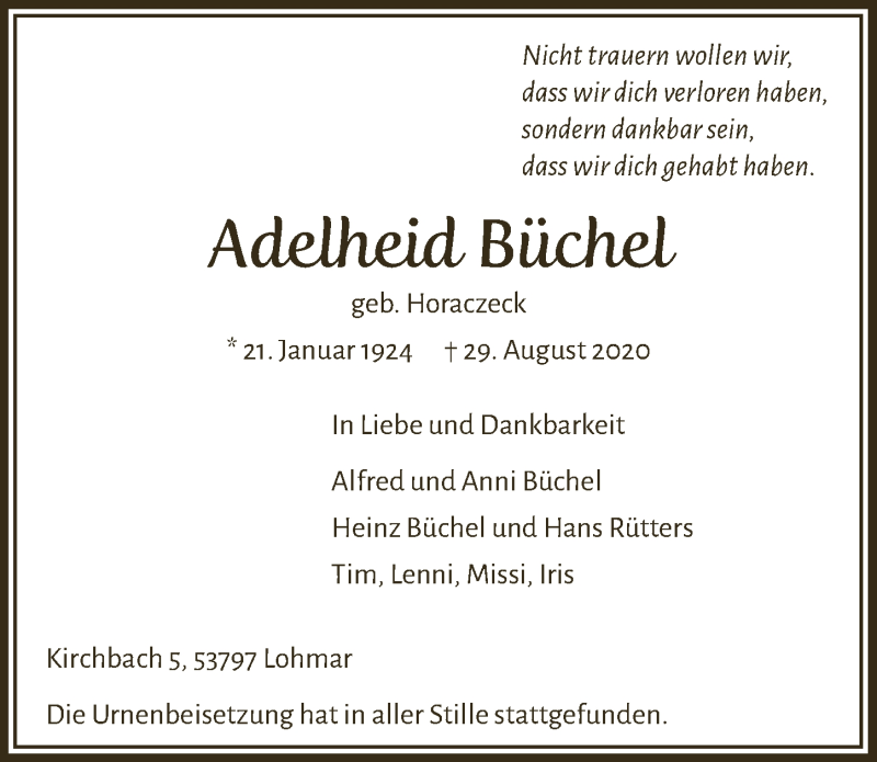  Traueranzeige für Adelheid Büchel vom 11.09.2020 aus  Extra Blatt 