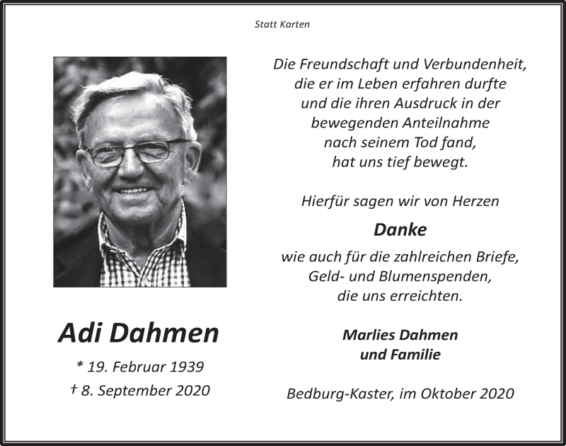  Traueranzeige für Adi Dahmen vom 01.10.2020 aus  Werbepost 