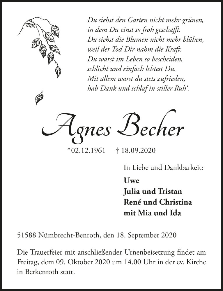  Traueranzeige für Agnes Becher vom 01.10.2020 aus  Lokalanzeiger 