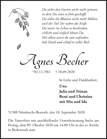 Anzeige von Agnes Becher von  Lokalanzeiger 