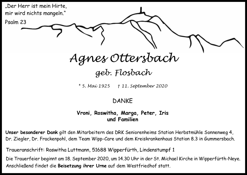  Traueranzeige für Agnes Ottersbach vom 16.09.2020 aus Kölner Stadt-Anzeiger / Kölnische Rundschau / Express