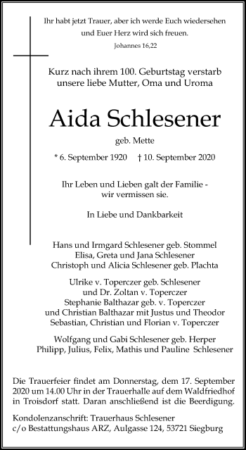 Anzeige von Aida Schlesener von Kölner Stadt-Anzeiger / Kölnische Rundschau / Express
