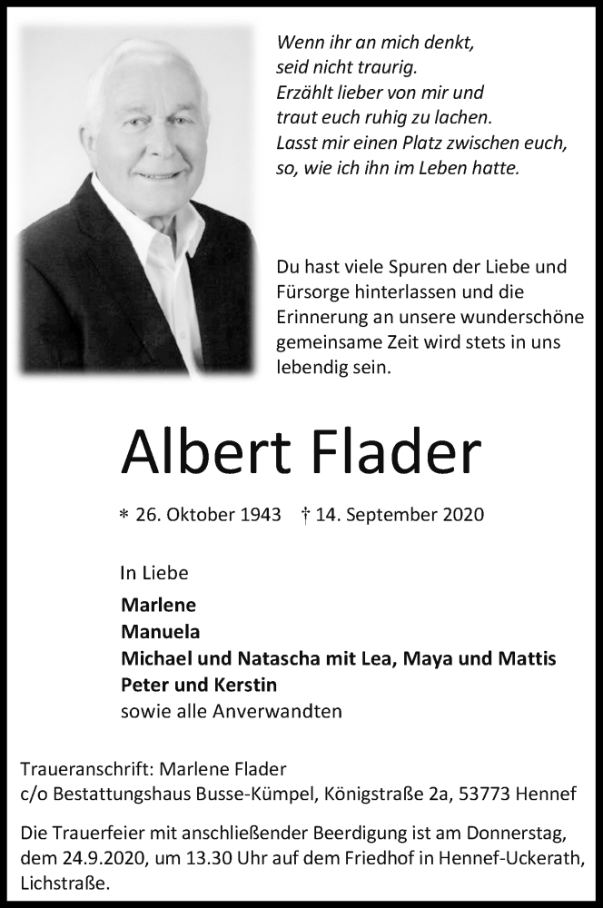  Traueranzeige für Albert Flader vom 19.09.2020 aus Kölner Stadt-Anzeiger / Kölnische Rundschau / Express