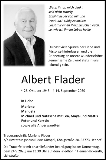 Anzeige von Albert Flader von Kölner Stadt-Anzeiger / Kölnische Rundschau / Express