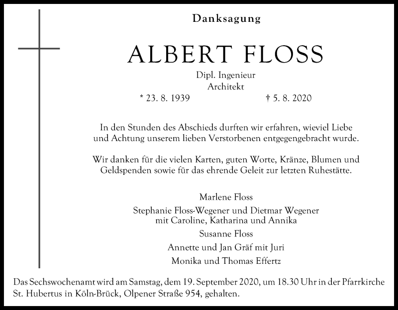  Traueranzeige für Albert Floss vom 05.09.2020 aus Kölner Stadt-Anzeiger / Kölnische Rundschau / Express