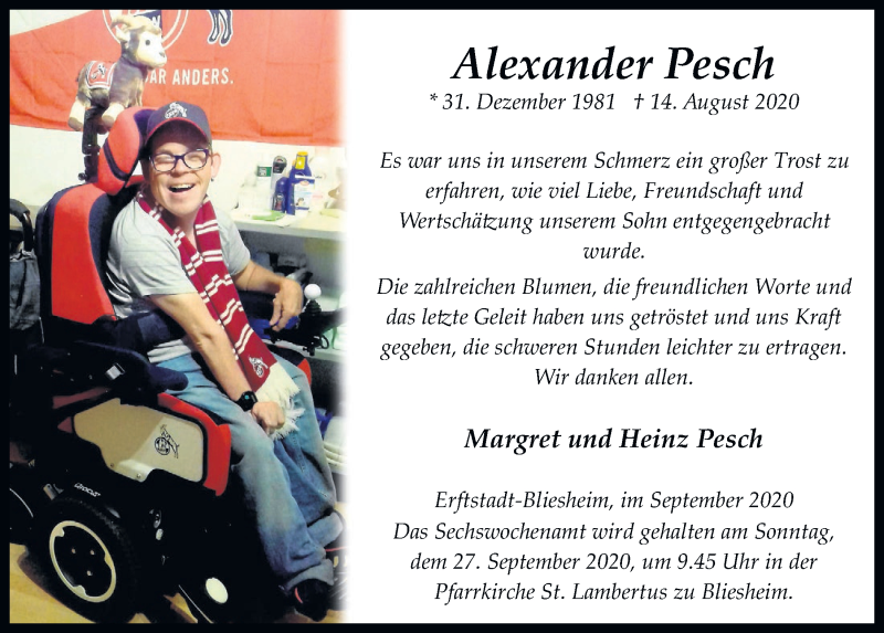  Traueranzeige für Alexander Pesch vom 18.09.2020 aus  Werbepost 