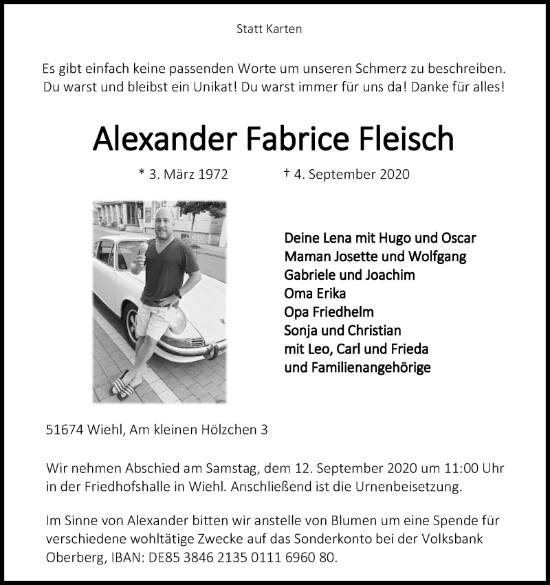  Traueranzeige für Alexander Fabrice Fleisch vom 08.09.2020 aus Kölner Stadt-Anzeiger / Kölnische Rundschau / Express
