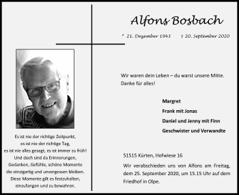 Anzeige von Alfons Bosbach von Kölner Stadt-Anzeiger / Kölnische Rundschau / Express