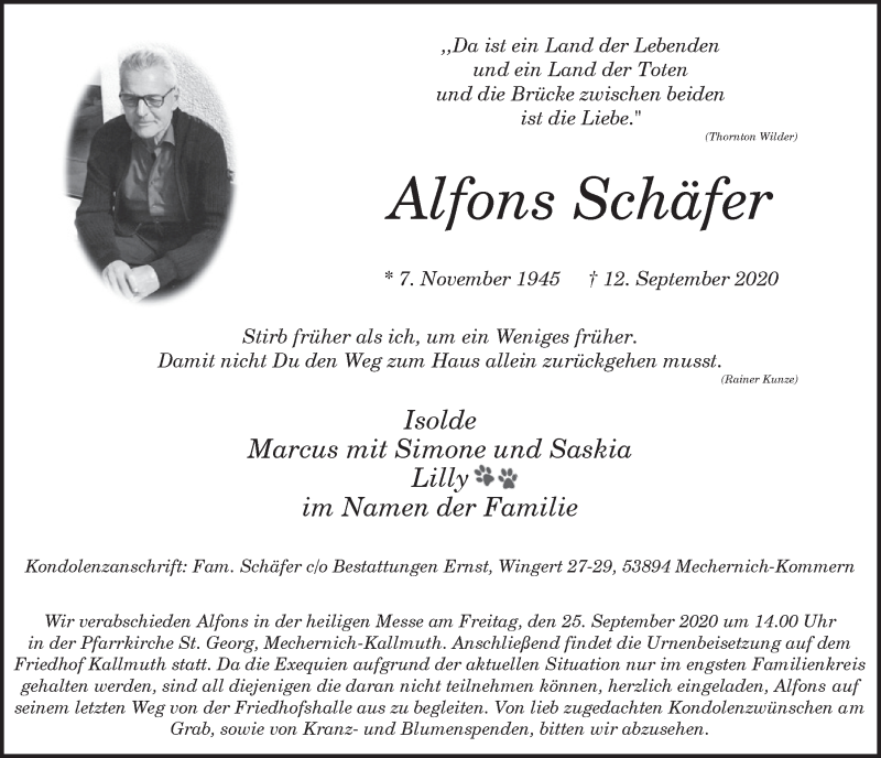  Traueranzeige für Alfons Schäfer vom 19.09.2020 aus  Blickpunkt Euskirchen 