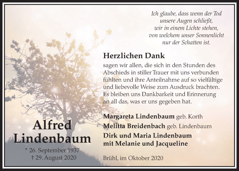  Traueranzeige für Alfred Lindenbaum vom 01.10.2020 aus  Schlossbote/Werbekurier 