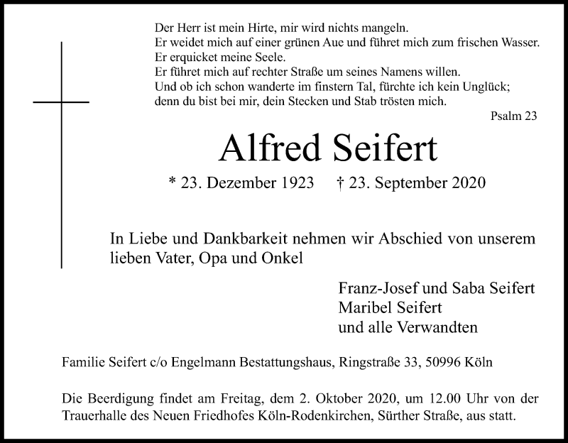 Traueranzeige für Alfred Seifert vom 26.09.2020 aus Kölner Stadt-Anzeiger / Kölnische Rundschau / Express