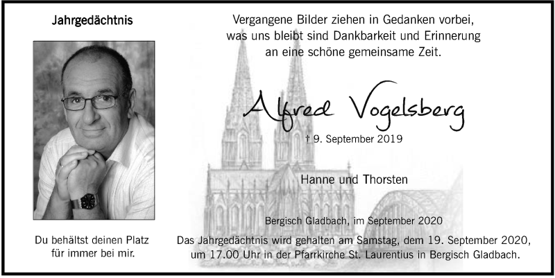  Traueranzeige für Alfred Vogelsberg vom 11.09.2020 aus  Bergisches Handelsblatt 