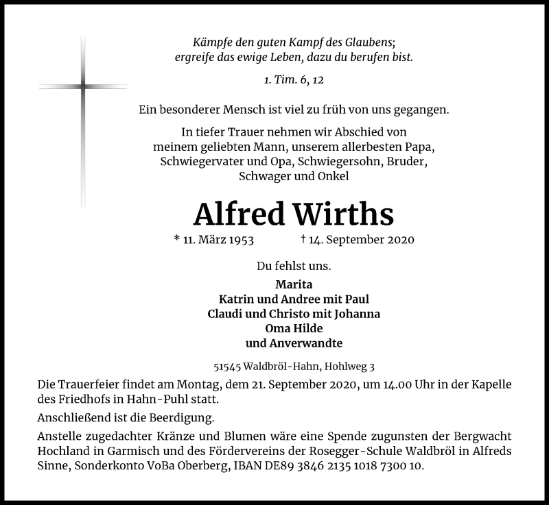  Traueranzeige für Alfred Wirths vom 19.09.2020 aus Kölner Stadt-Anzeiger / Kölnische Rundschau / Express