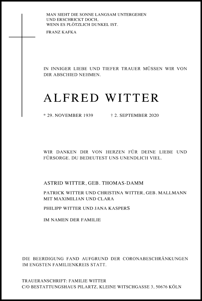  Traueranzeige für Alfred Witter vom 12.09.2020 aus Kölner Stadt-Anzeiger / Kölnische Rundschau / Express