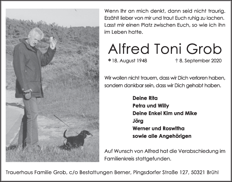  Traueranzeige für Alfred Toni Grob vom 25.09.2020 aus  Schlossbote/Werbekurier 