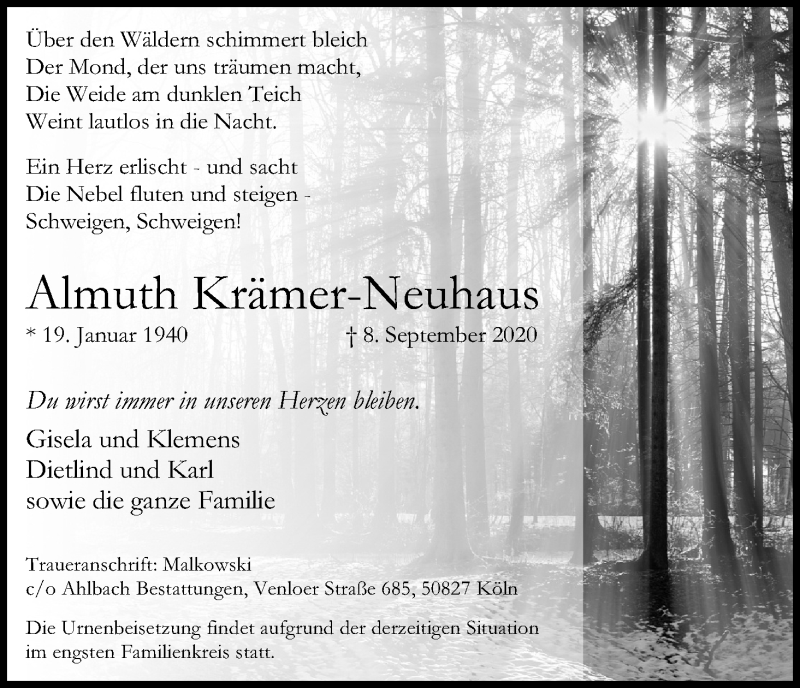  Traueranzeige für Almuth Krämer-Neuhaus vom 19.09.2020 aus Kölner Stadt-Anzeiger / Kölnische Rundschau / Express