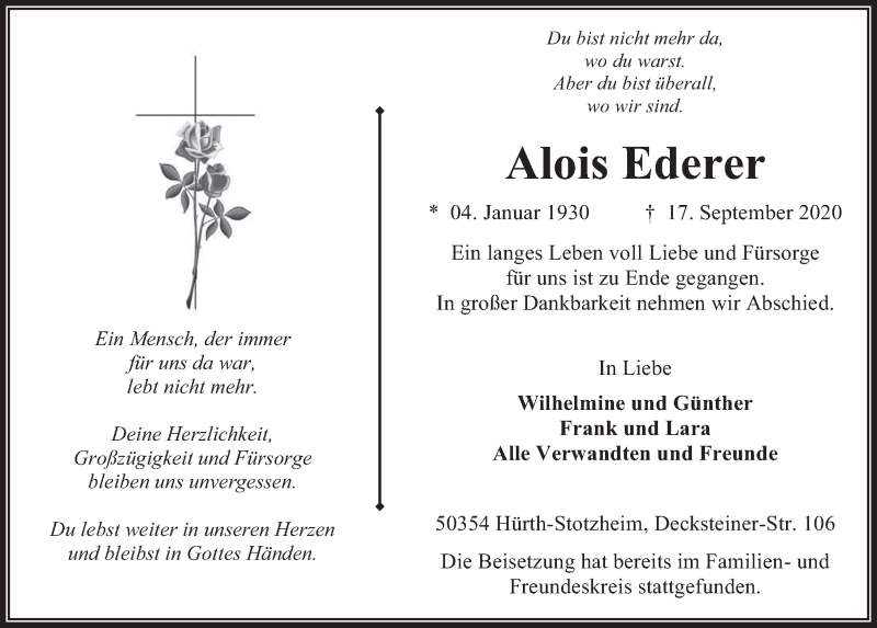  Traueranzeige für Alois Ederer vom 25.09.2020 aus  Wochenende 