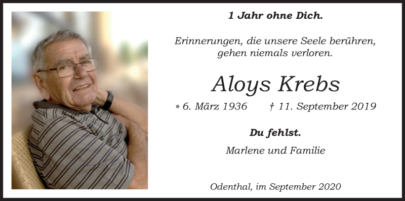  Traueranzeige für Aloys Krebs vom 12.09.2020 aus Kölner Stadt-Anzeiger / Kölnische Rundschau / Express