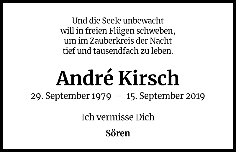  Traueranzeige für Andre Kirsch vom 15.09.2020 aus Kölner Stadt-Anzeiger / Kölnische Rundschau / Express