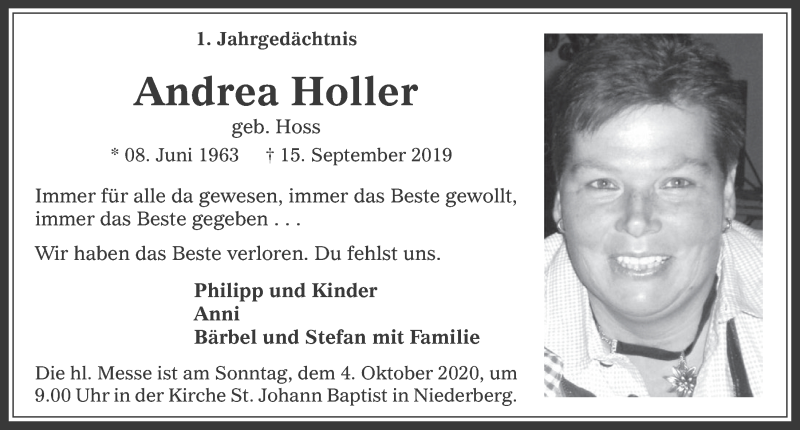  Traueranzeige für Andrea Holler vom 25.09.2020 aus  Werbepost 