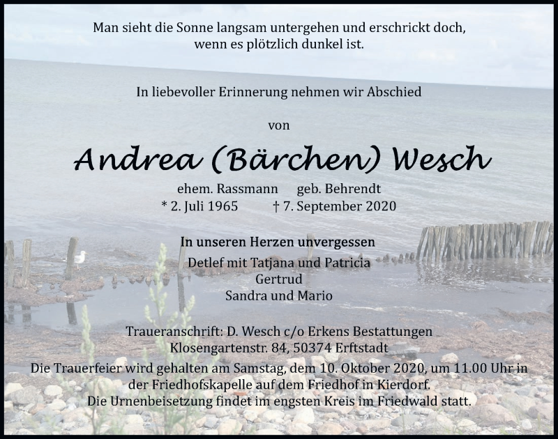  Traueranzeige für Andrea Wesch vom 01.10.2020 aus  Werbepost 