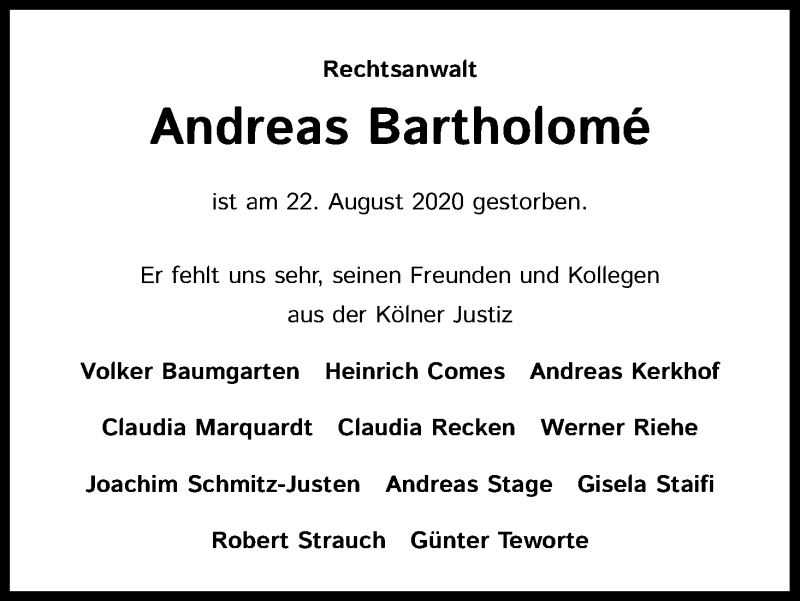  Traueranzeige für Andreas Bartholomé vom 19.09.2020 aus Kölner Stadt-Anzeiger / Kölnische Rundschau / Express