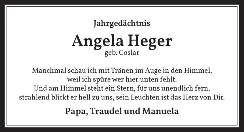  Traueranzeige für Angela Heger vom 11.09.2020 aus  Werbepost 