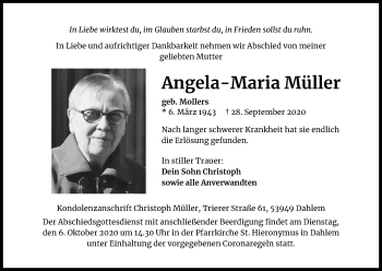 Anzeige von Angela-Maria Müller von Kölner Stadt-Anzeiger / Kölnische Rundschau / Express