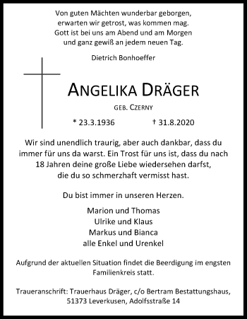 Anzeige von Angelika Dräger von Kölner Stadt-Anzeiger / Kölnische Rundschau / Express