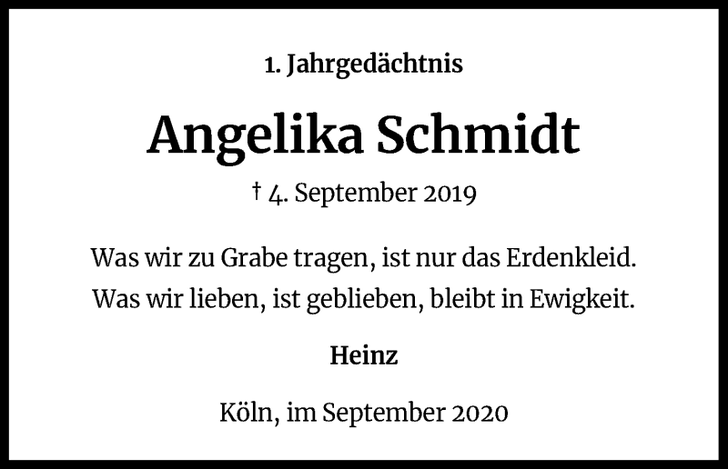  Traueranzeige für Angelika Schmidt vom 05.09.2020 aus Kölner Stadt-Anzeiger / Kölnische Rundschau / Express