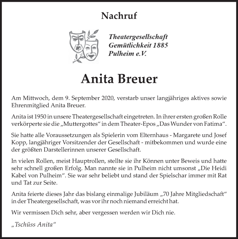  Traueranzeige für Anita Breuer vom 18.09.2020 aus  Wochenende 