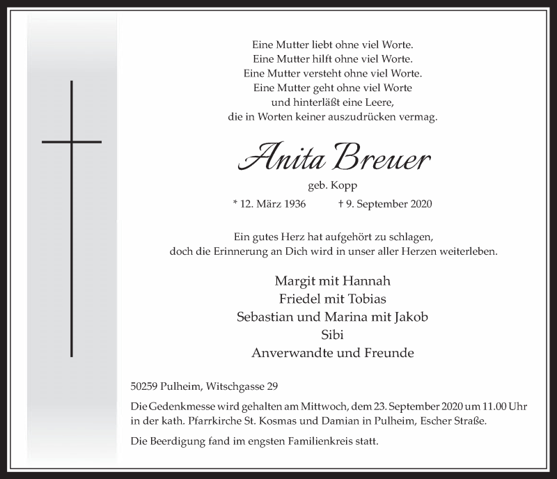  Traueranzeige für Anita Breuer vom 18.09.2020 aus  Wochenende 
