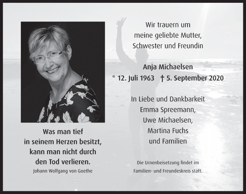  Traueranzeige für Anja Michaelsen vom 25.09.2020 aus  Wochenende 
