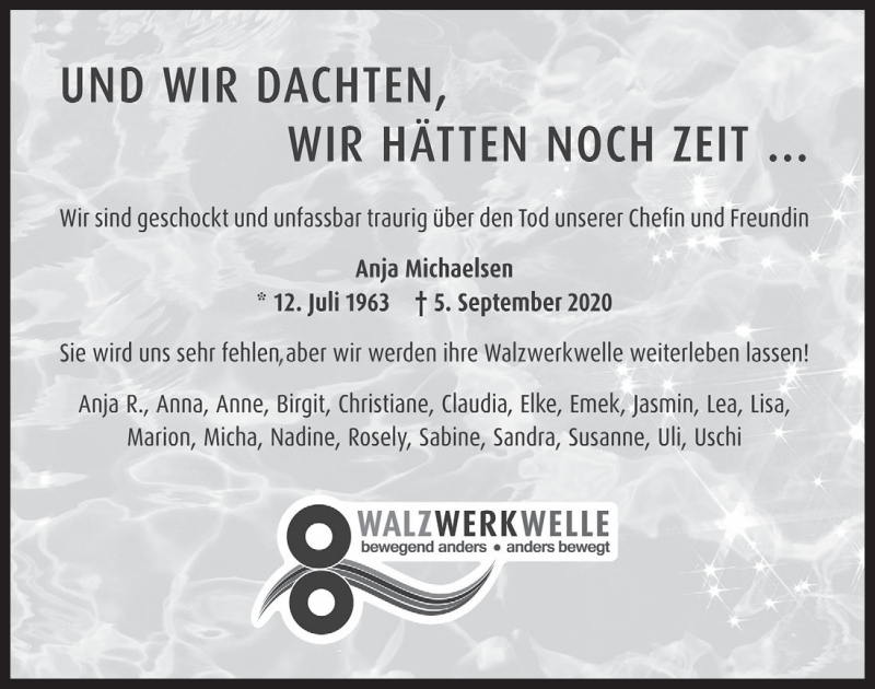  Traueranzeige für Anja Michaelsen vom 25.09.2020 aus  Wochenende 