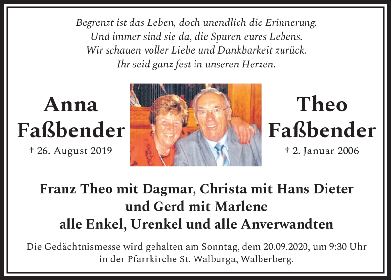  Traueranzeige für Anna Faßbender vom 11.09.2020 aus  Schlossbote/Werbekurier 