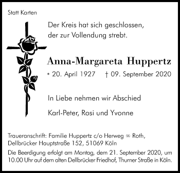 Anzeige von Anna-Margareta Huppertz von Kölner Stadt-Anzeiger / Kölnische Rundschau / Express