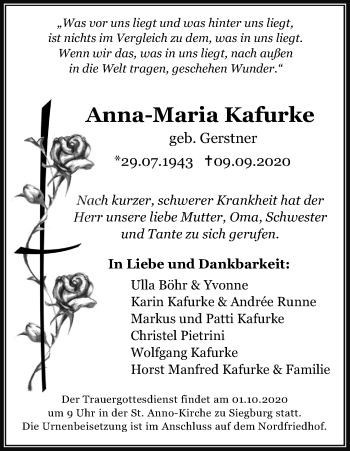 Anzeige von Anna-Maria Kafurke von Kölner Stadt-Anzeiger / Kölnische Rundschau / Express