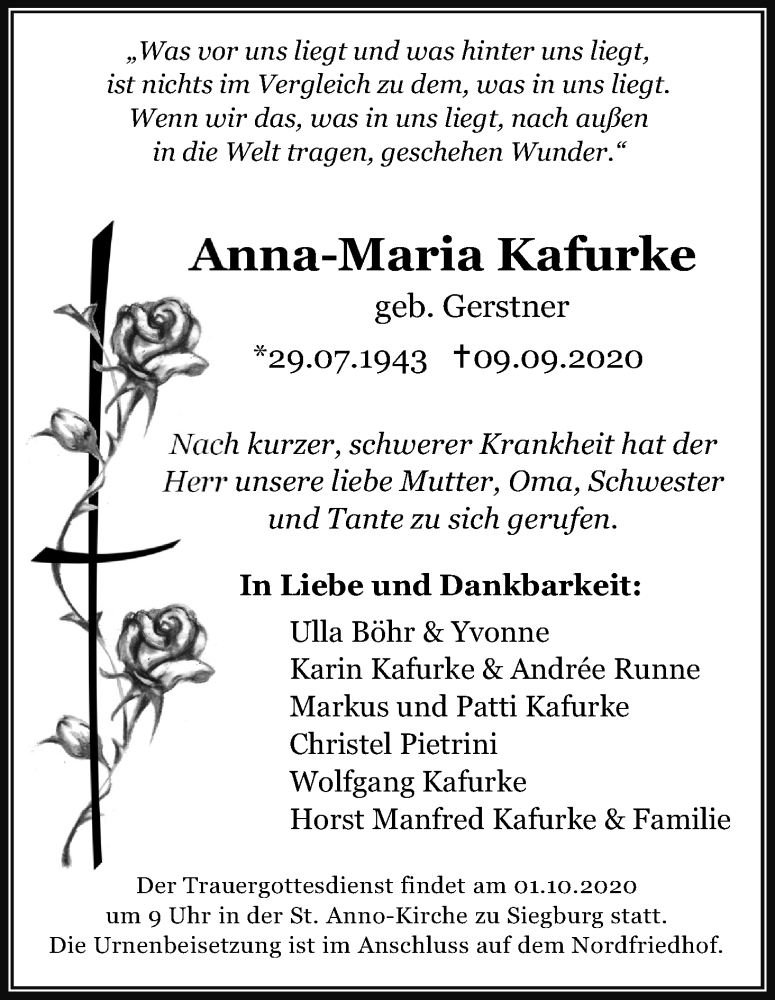  Traueranzeige für Anna-Maria Kafurke vom 29.09.2020 aus Kölner Stadt-Anzeiger / Kölnische Rundschau / Express
