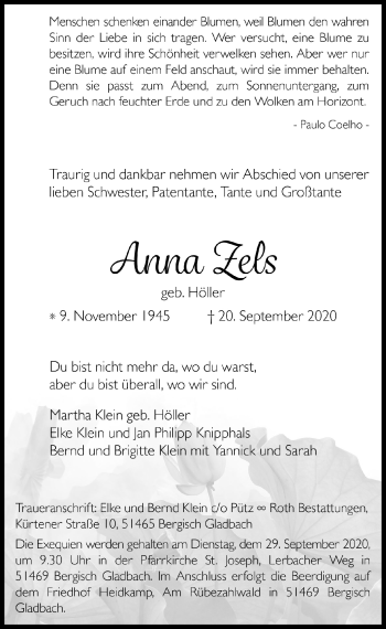Anzeige von Anna Zels von  Bergisches Handelsblatt 